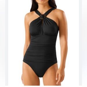 Tommy Bahama sun cat halter one piece swimsuit black modest resort 16 NWT